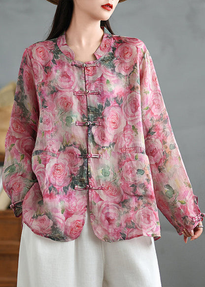 Chinese Style Pink Print Oriental Button Linen Shirts Coat Fall QO080 OM-ZS241008