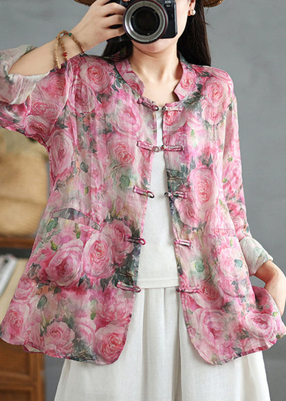 Chinese Style Pink Print Oriental Button Linen Shirts Coat Fall QO080 OM-ZS241008