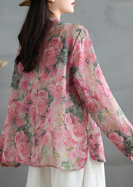 Chinese Style Pink Print Oriental Button Linen Shirts Coat Fall QO080 OM-ZS241008