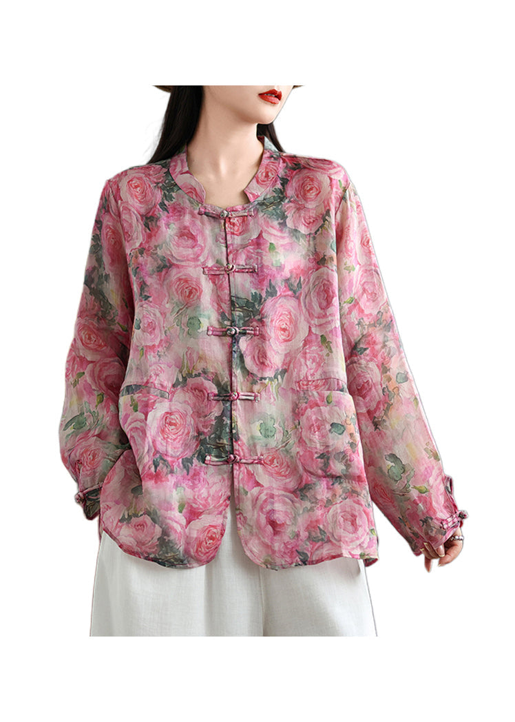 Chinese Style Pink Print Oriental Button Linen Shirts Coat Fall QO080 OM-ZS241008