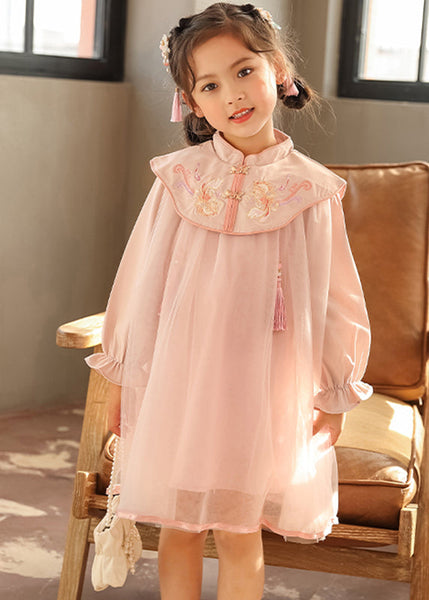 Robe longue rose à col montant brodée, manches lanternes, style chinois, pour fille TV028