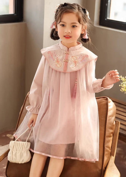 Robe longue rose à col montant brodée, manches lanternes, style chinois, pour fille TV028