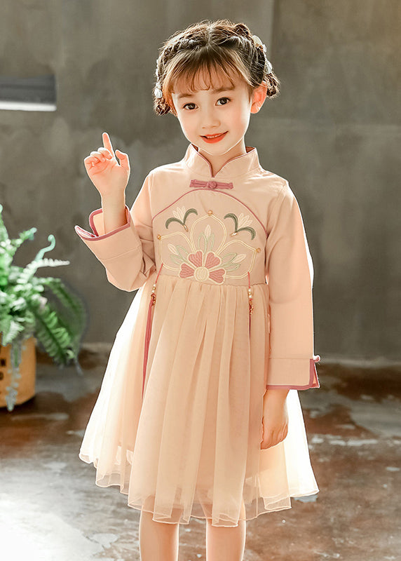 Chinese Style Pink Stand Collar Embroideried Tulle Kids Long Dress Spring YE031 ABC