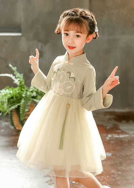 Chinese Style Pink Stand Collar Embroideried Tulle Kids Long Dress Spring YE031 ABC