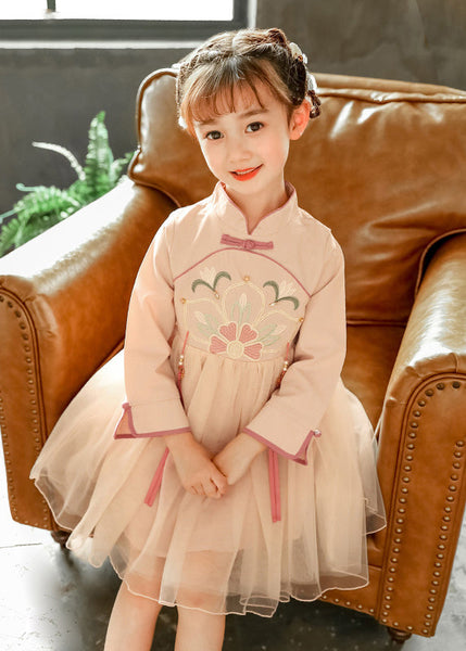 Chinese Style Pink Stand Collar Embroideried Tulle Kids Long Dress Spring YE031 ABC
