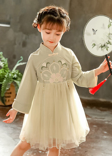 Chinese Style Pink Stand Collar Embroideried Tulle Kids Long Dress Spring YE031 ABC
