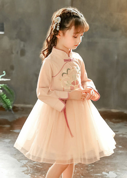 Chinese Style Pink Stand Collar Embroideried Tulle Kids Long Dress Spring YE031 ABC