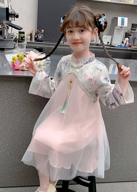 Maxi Kids Dress Bead Chinese Tulle Nail Collar Style Stand Pink FashionChic