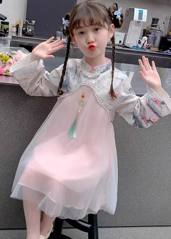 Maxi Kids Dress Bead Chinese Tulle Nail Collar Style Stand Pink FashionChic