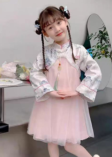 Maxi Kids Dress Bead Chinese Tulle Nail Collar Style Stand Pink FashionChic