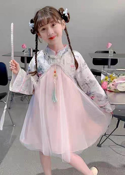 Maxi Kids Dress Bead Chinese Tulle Nail Collar Style Stand Pink FashionChic