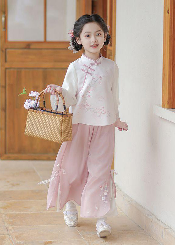 Chinese Style Pink Stand Collar Print Girls Shirts And Maxi Skirts Two Pieces Set Spring TR005 ABC