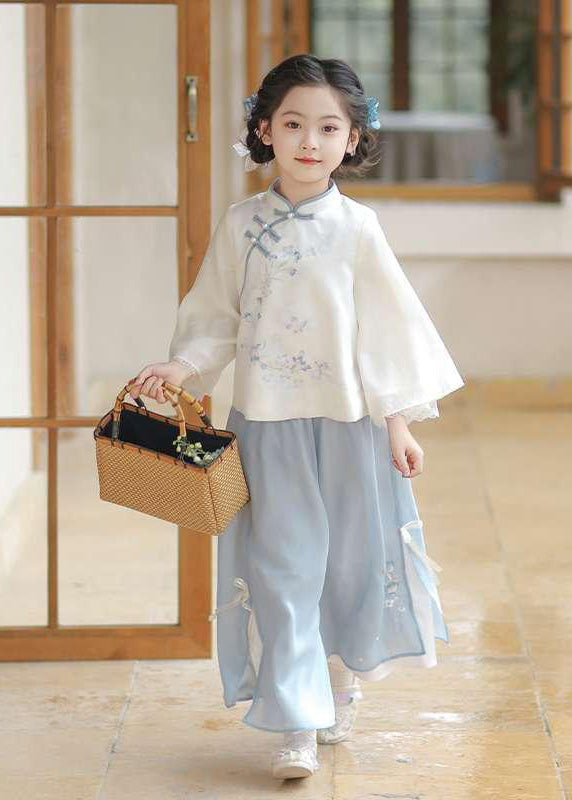 Chinese Style Pink Stand Collar Print Girls Shirts And Maxi Skirts Two Pieces Set Spring TR005 ABC