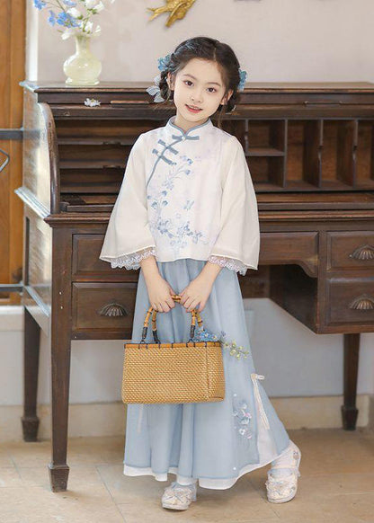 Chinese Style Pink Stand Collar Print Girls Shirts And Maxi Skirts Two Pieces Set Spring TR005 ABC