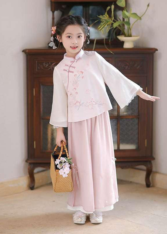 Chinese Style Pink Stand Collar Print Girls Shirts And Maxi Skirts Two Pieces Set Spring TR005 ABC