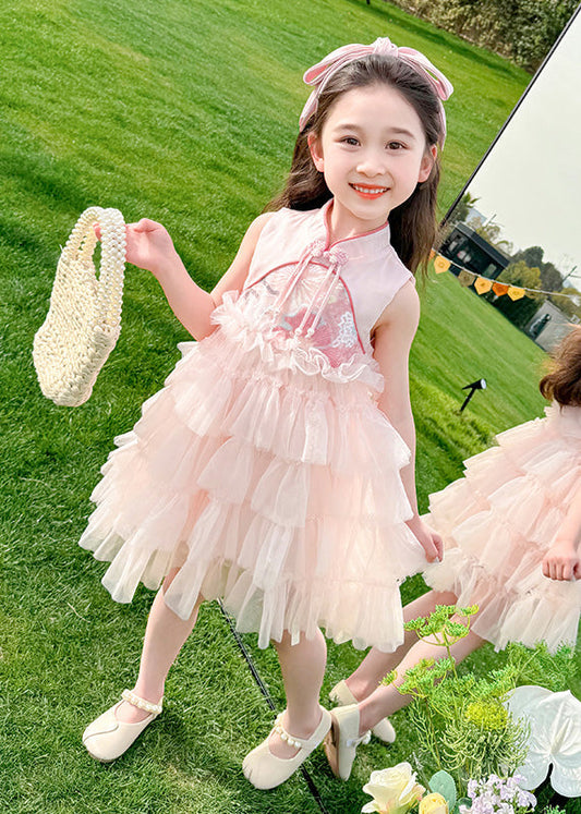 Chinese Style Pink Stand Collar Ruffled Patchwork Tassel Tulle Kids Maxi Dress Summer XZ031 SDGL240618