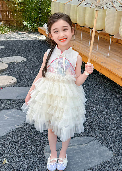 Chinese Style Pink Stand Collar Ruffled Patchwork Tassel Tulle Kids Maxi Dress Summer XZ031 SDGL240618