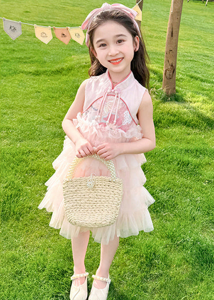 Chinese Style Pink Stand Collar Ruffled Patchwork Tassel Tulle Kids Maxi Dress Summer XZ031 SDGL240618