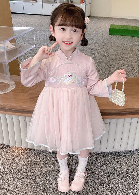 Chinese Style Pink Stand Collar Tulle Patchwork Girls Dresses Long Sleeve XZ018 FALL-MM-RCTZ-FDGL240618