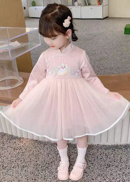 Chinese Style Pink Stand Collar Tulle Patchwork Girls Dresses Long Sleeve XZ018 FALL-MM-RCTZ-FDGL240618