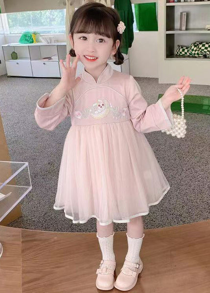 Chinese Style Pink Stand Collar Tulle Patchwork Girls Dresses Long Sleeve XZ018 FALL-MM-RCTZ-FDGL240618