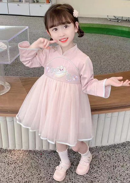 Chinese Style Pink Stand Collar Tulle Patchwork Girls Dresses Long Sleeve XZ018 FALL-MM-RCTZ-FDGL240618