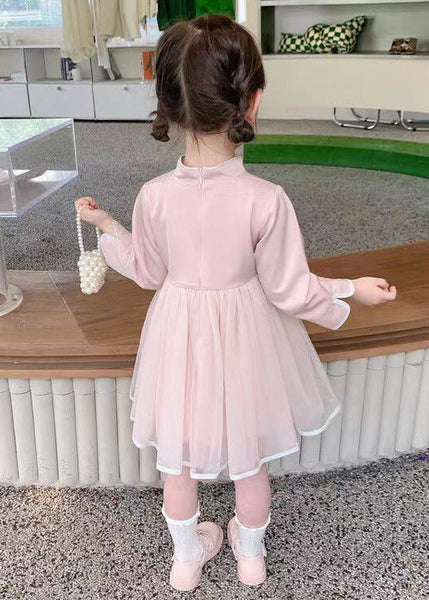 Chinese Style Pink Stand Collar Tulle Patchwork Girls Dresses Long Sleeve XZ018 FALL-MM-RCTZ-FDGL240618