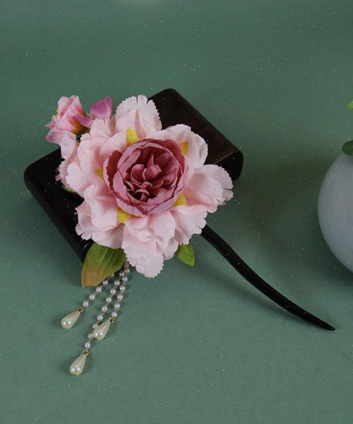 Chinese Pink Wooden Style Hairpin Peony Tassel Pearl FashionChic