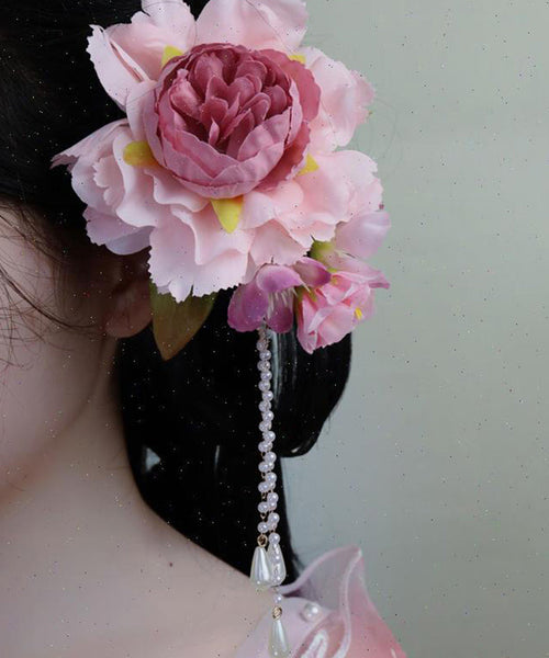 Chinese Pink Wooden Style Hairpin Peony Tassel Pearl FashionChic