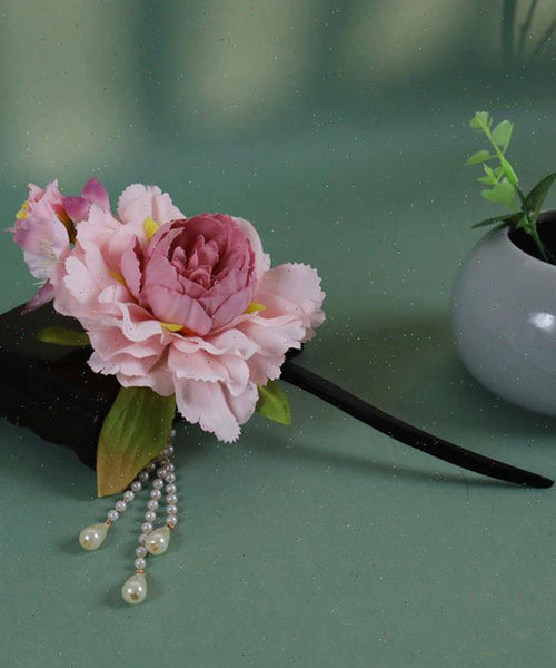 Chinese Pink Wooden Style Hairpin Peony Tassel Pearl FashionChic