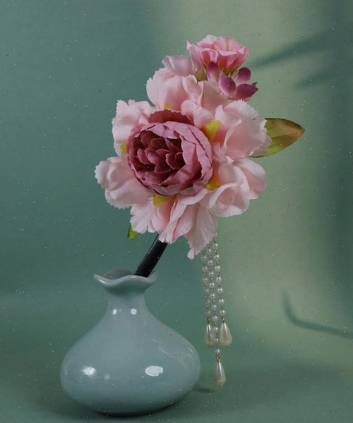 Chinese Pink Wooden Style Hairpin Peony Tassel Pearl FashionChic