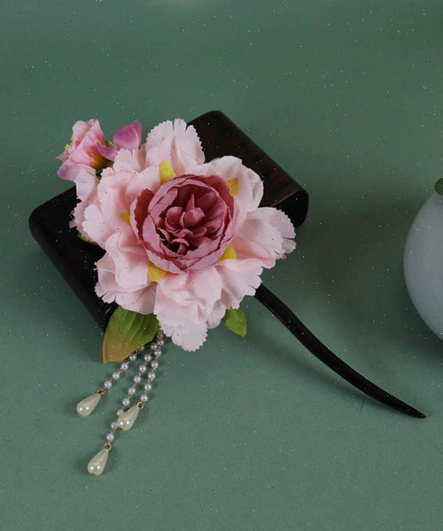 Chinese Pink Wooden Style Hairpin Peony Tassel Pearl FashionChic