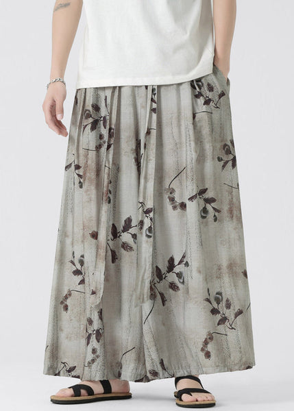 Chinese Style Pockets Print Ice Silk Men Wide Leg Pants Summer YT045 Men-Silk-MENCP240721