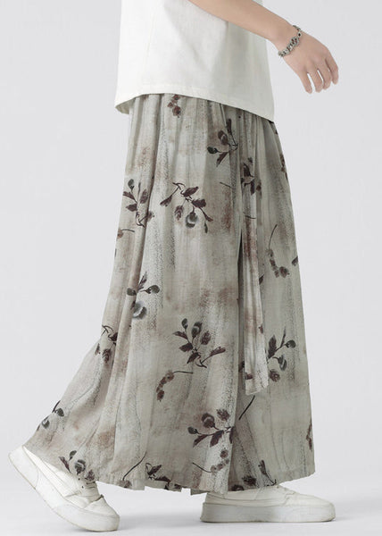 Chinese Style Pockets Print Ice Silk Men Wide Leg Pants Summer YT045 Men-Silk-MENCP240721