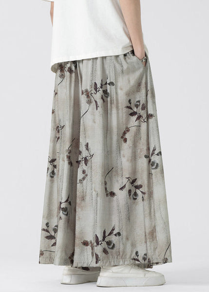 Chinese Style Pockets Print Ice Silk Men Wide Leg Pants Summer YT045 Men-Silk-MENCP240721