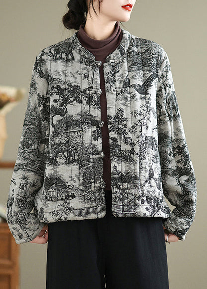 Chinese Style Print Oriental Button Fine Cotton Filled Coat Winter TI019