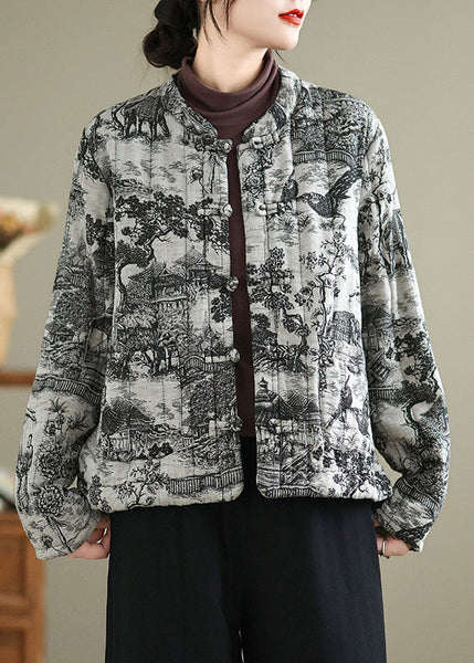 Chinese Style Print Oriental Button Fine Cotton Filled Coat Winter TI019