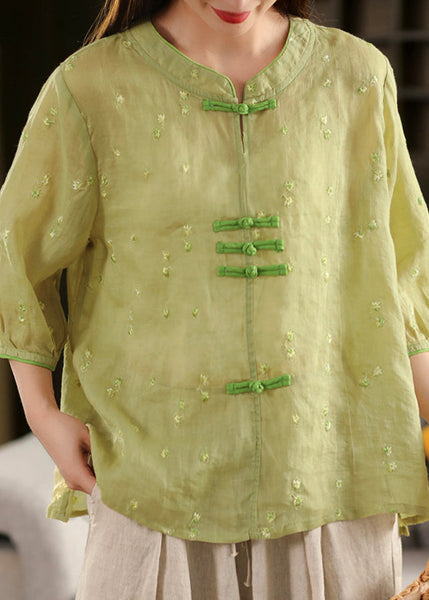 Style Purple Embroidered Linen Button Summer Oriental Top Chinese FashionChic