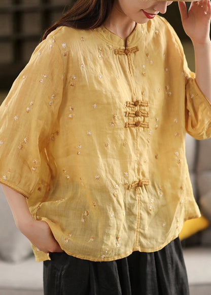 Style Purple Embroidered Linen Button Summer Oriental Top Chinese FashionChic