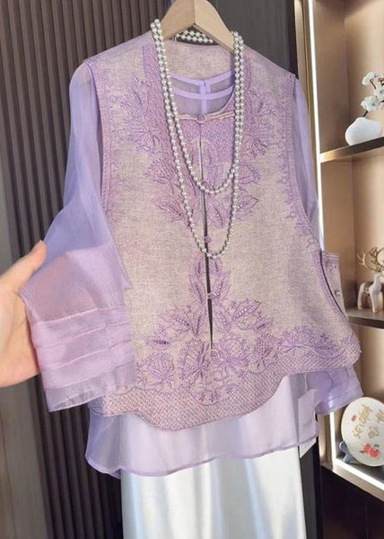 Purple Chinese Style Set Tops Waistcoat Embroidered Two-Piece And FashionChic