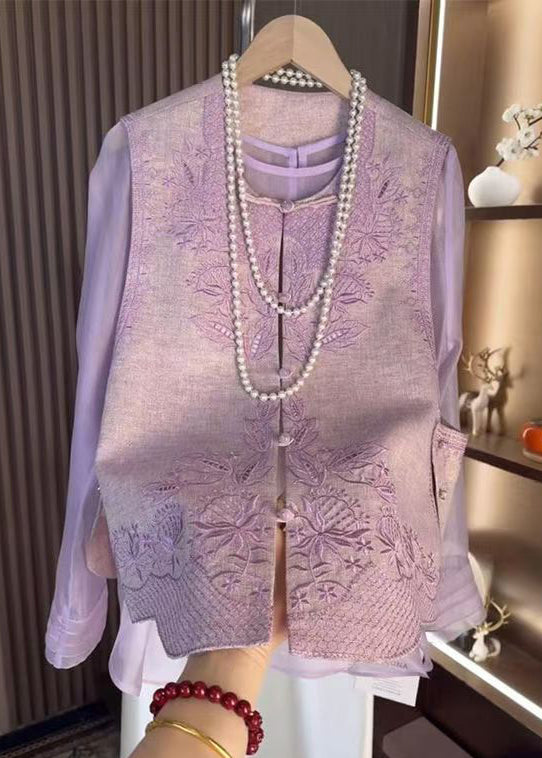Purple Chinese Style Set Tops Waistcoat Embroidered Two-Piece And FashionChic