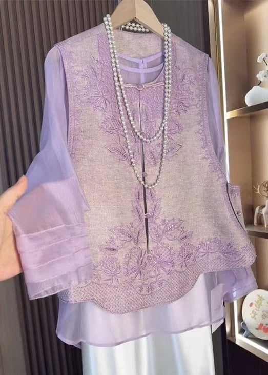 Purple Chinese Style Set Tops Waistcoat Embroidered Two-Piece And FashionChic