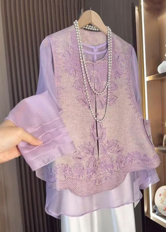 Purple Chinese Style Set Tops Waistcoat Embroidered Two-Piece And FashionChic