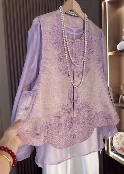 Purple Chinese Style Set Tops Waistcoat Embroidered Two-Piece And FashionChic