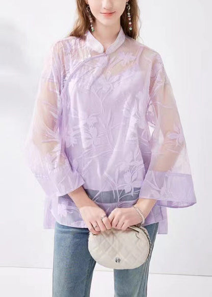 Chinese Style Purple Stand Collar Button Silk Two Pieces Set Long Sleeve KK054 SH-LF-TPIEC240602