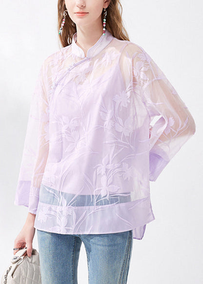 Chinese Style Purple Stand Collar Button Silk Two Pieces Set Long Sleeve KK054 SH-LF-TPIEC240602