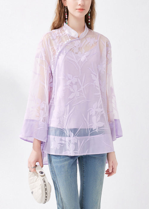 Chinese Style Purple Stand Collar Button Silk Two Pieces Set Long Sleeve KK054 SH-LF-TPIEC240602