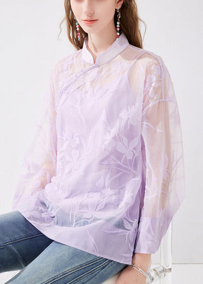 Chinese Style Purple Stand Collar Button Silk Two Pieces Set Long Sleeve KK054 SH-LF-TPIEC240602