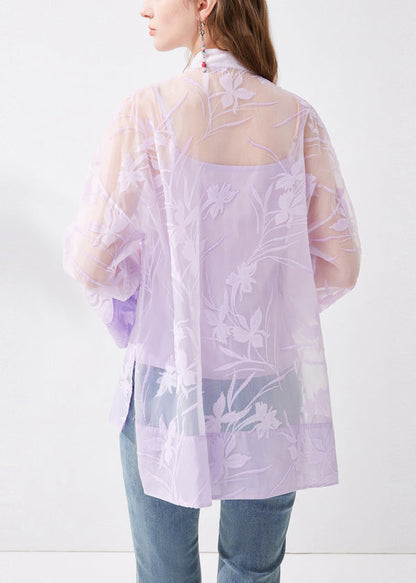 Chinese Style Purple Stand Collar Button Silk Two Pieces Set Long Sleeve KK054 SH-LF-TPIEC240602