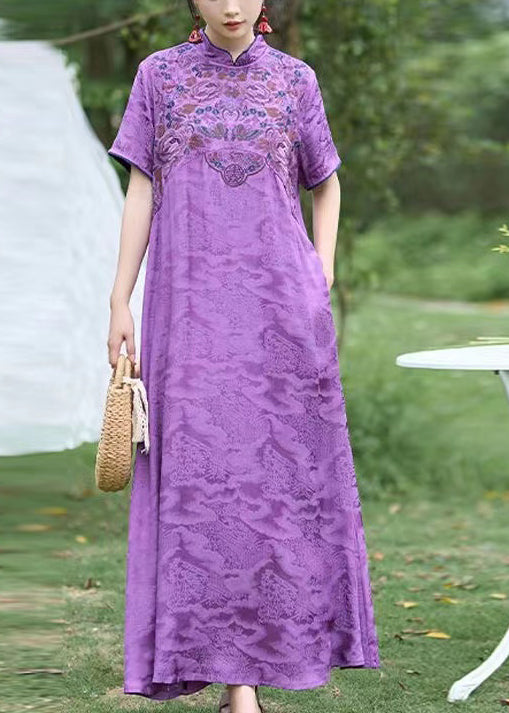 Chinese Style Purple Stand Collar Embroidered Silk Dress Summer WW1016 Ada Fashion